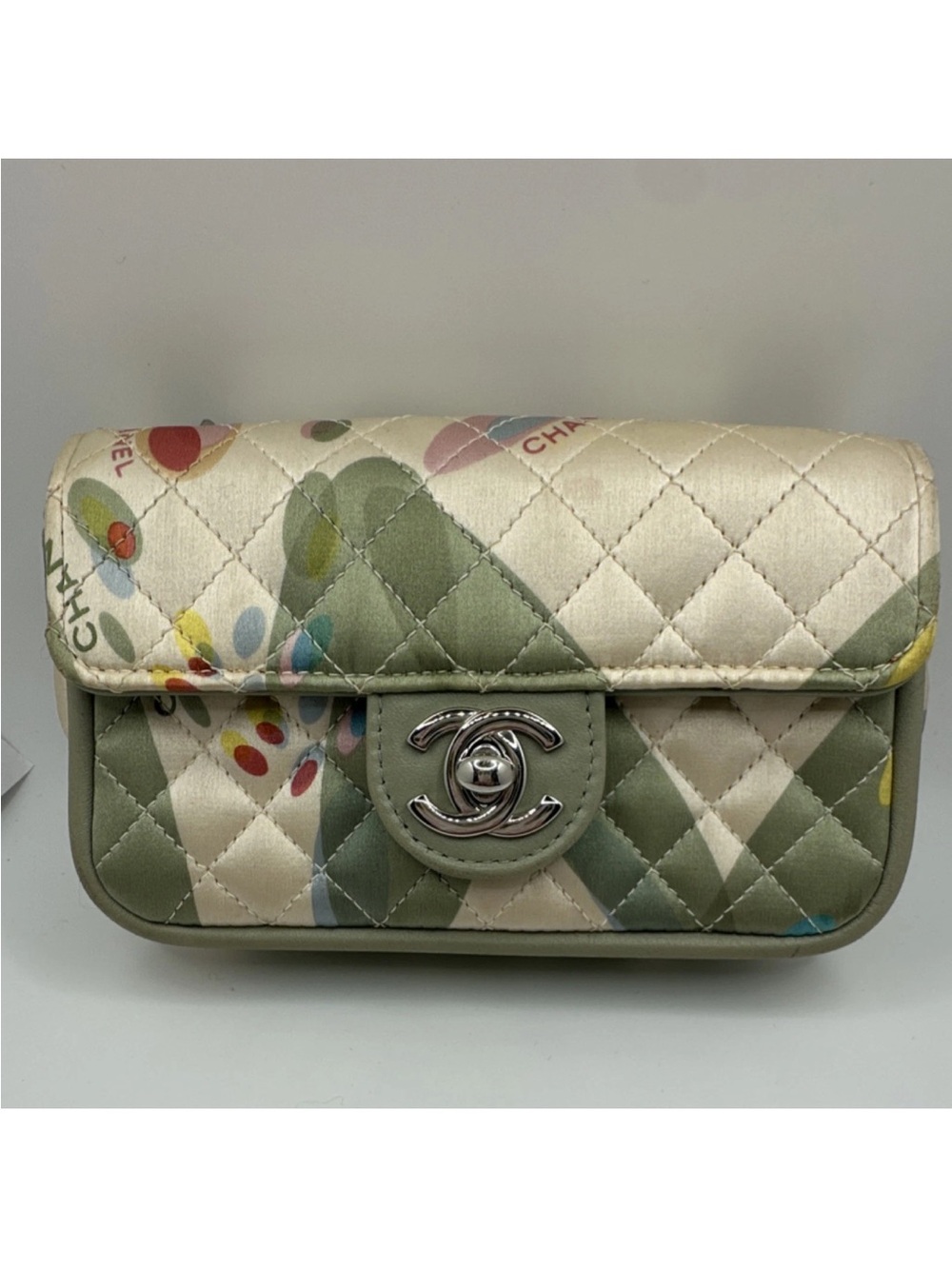 CHANEL Satin Quilted Mini Flap Bag in Cream and Sage Green with Multicolor Print